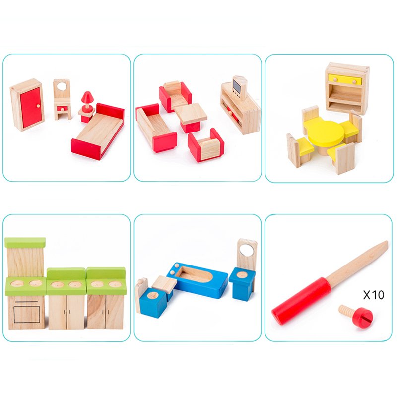 Sunny Side House - 2 Story Wooden Dollhouse with Furniture Set - KraftsandTales