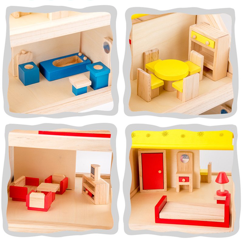 Sunny Side House - 2 Story Wooden Dollhouse with Furniture Set - KraftsandTales