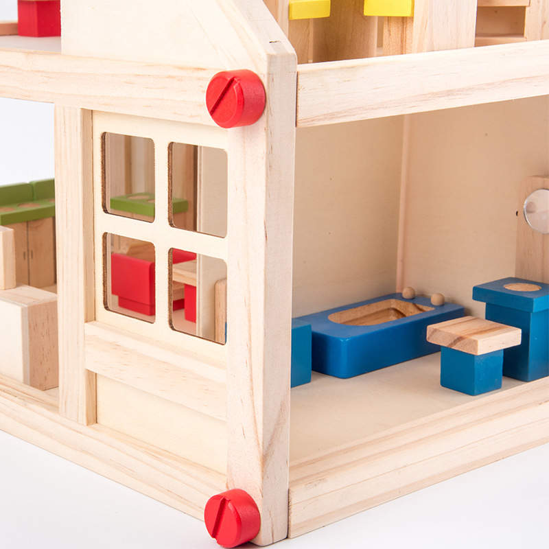 Sunny Side House - 2 Story Wooden Dollhouse with Furniture Set - KraftsandTales